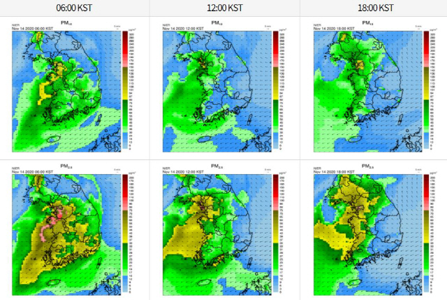 환경부 국립환경과학원의 대기정보 예보 사이트 ‘에어코리아’가 공개한 14일 시간대별 미세먼지 예측 결과. /에어코리아 홈페이지 캡처