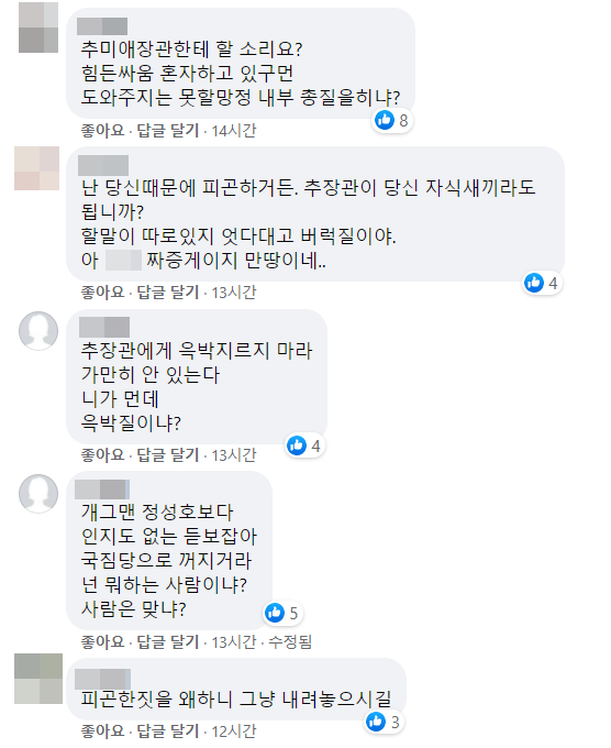 정성호 의원 페이스북에 달린 댓글 일부. /페이스북