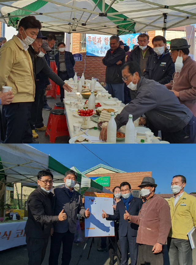 지난 11일 전남 보성군에 위치한 보성웅치농협에서 ‘웅치올벼쌀’로 만든 가공식품과 전통주를 지역주민들에게 알리는 홍보행사가 열렸다. 김철우(사진 위 왼쪽 첫번째) 보성군수가 지역주민들과 웅치올벼쌀로 만든 가공식품과 전통주를 시식하고 있다. 문병완(사진 아래 왼쪽 두번째) 보성농협 조합장이 시식행사에 앞서 엄지를 치켜올리고 포즈를 취하고 있다./ 사진=보성농협