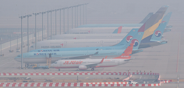 지난 16일 인천국제공항 주기장에 나란히 서 있는 두 항공사의 항공기./이호재기자.