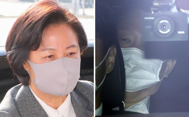 추미애(왼쪽) 법무부 장관이 19일 오전 정부과천청사 내 법무부로 출근하고 있다. 윤석열 검찰총장도 이날 오전 서울 서초구 서초동 대검찰청으로 출근하고 있다.    /연합뉴스