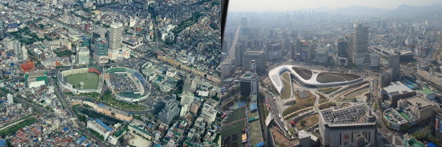 우리나라 최초의 체육시설이었던 동대문운동장(왼쪽)은 시설 노후화로 주요 경기장이 순차적으로 철거됐고, 이 자리에는 동대문디자인프라자(DDP)가 조성됐다. DDP 조성 전후 동대문 일대의 모습./사진=서울시 사진기록화사