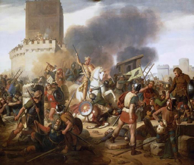 파리 센강의 시테섬 다리 요새를 지키려는 서프랑크와 침략자 바이킹의 885년 전투를 묘사한 그림. /위키피디아