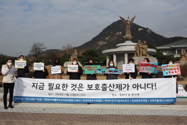 여러 한부모단체와 아동단체들이 25일 청와대 분수 앞에서 보호출산제 도입을 반대하는 기자회견을 열고 있다./사진제공=한국미혼모지원네트워크
