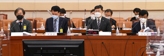 27일 국회 법제사법위원회 전체회의에서 열린 ‘일반적 징벌배상제도 도입’에 대한 공청회에서 명한석(왼쪽부터) 변호사, 이경상 대한상공회의소 조사본부장, 김남근 변호사, 김선정 동국대 석좌교수가 의견을 발표하고 있다./ 연합뉴스