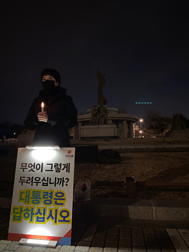 28일 저녁 김은혜 국민의힘 의원이 청와대 앞에서 1인 시위를 하고 있다./사진=국민의힘