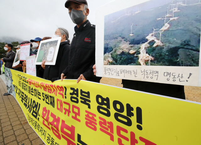 지난달 19일 청와대 분수대 앞에서 시민단체와 지역 주민들이 경북 영양 풍력발전소 건설에 반대하는 시위를 벌이고 있다/연합뉴스