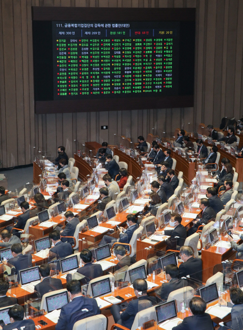 9일 서울 여의도 국회에서 열린 본회의에서 금융복합기업집단의 감독에 관한 법률안에 대한 투표가 진행되고 있다./연합뉴스