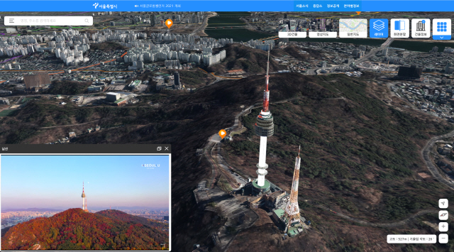 서울시 스마트서울맵(S-MAP) 2.0버전에서 제공하는 남산서울타워의 3차원(3D) 입체영상 모습. /사진제공=서울시