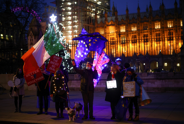 영국의 유럽연합(EU) 탈퇴를 뜻하는 브렉시트(Brexit)에 반대하는 시위대가 9일(현지시간) 런던 하원 의사당 앞에서 시위를 벌이고 있다. 영국과 EU는 브렉시트 이후 무역협정 등 미래관계에 대한 막바지 협상을 진행 중이다./연합뉴스
