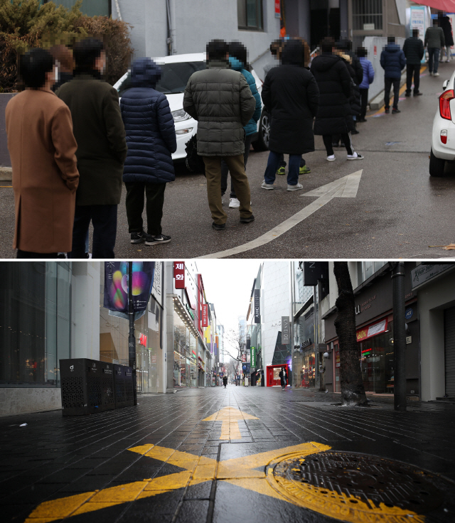 국내 코로나19 ‘3차 대유행’이 확산하며 신규 확진자 수가 1,000명 선을 넘어선 13일 서울 강서구보건소에 마련된 코로나19 선별진료소가 검사를 받으려는 시민들로 붐비고 있다(위 사진). 반면 이날 서울 중구 명동 거리는 찾는 사람이 없어 한산한 모습을 보인다(아래 사진). /연합뉴스