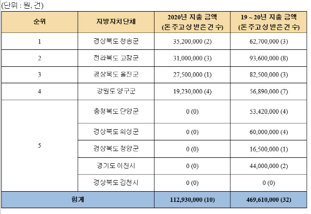 지자체 9곳의 지출 내역./자료=경실련