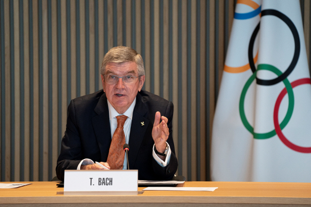 토마스 바흐 국제올림픽위원회(IOC) 위원장이 지난 7일(현지시간) 스위스 로잔 IOC 본부에서 집행위원회를 개최하고 있다. /로이터연합뉴스