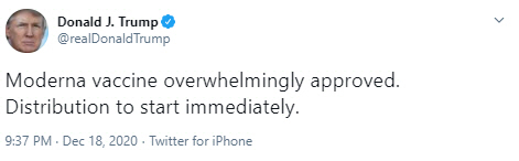 트럼프, '모더나 백신 사용 승인됐다…곧 공급 시작'