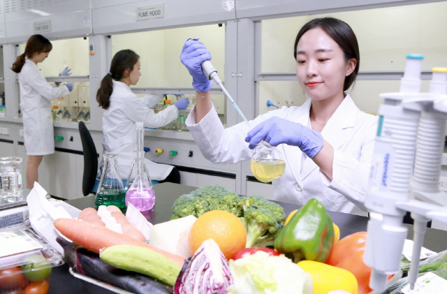 현대그린푸드 식품위생연구소의 한 연구원이 식품 안전도 검사를 진행하고 있다./사진제공=현대그린푸드