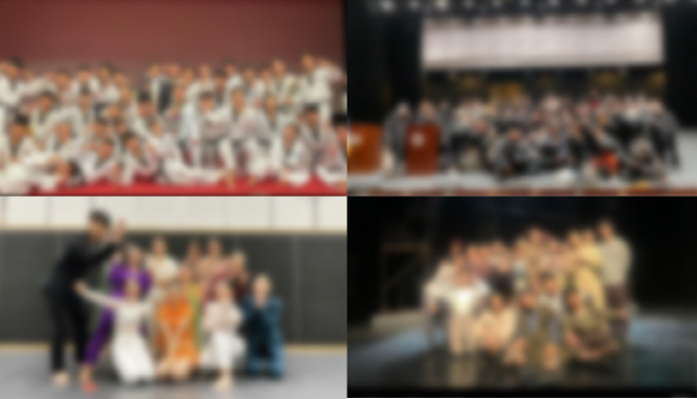 대학 예체능계 학과 학생들이 12월 졸업공연 후 기념촬영을 하는 모습./출처=SNS캡처