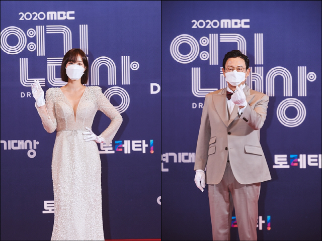 30일 진행된 ‘2020 MBC 연기대상’ 시상식에서 최우수상을 수상한 임수향, 김응수 /사진=MBC
