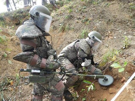 육군 장병들이 비무장지대(DMZ)에서 기동로 확보와 장병 안전을 위해 지뢰탐지 작업을 하고 있다.        /사진제공=국방부