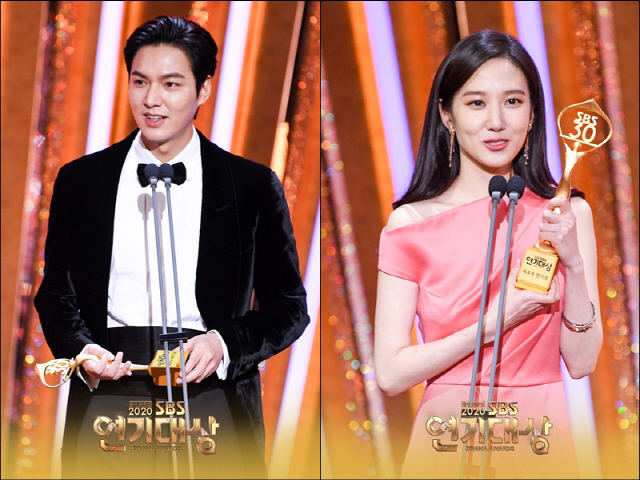 ‘2020 SBS 연기대상’ 미니시리즈 판타지·로맨스 부문 최우수상을 수상한 이민호, 박은빈 /사진=SBS