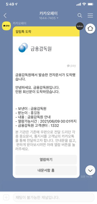 카카오톡을 통해 발송된 금융감독원의 민원회신문/사진 제공=금융감독원