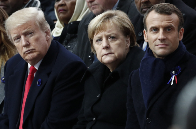 도널드 트럼프(왼쪽부터) 미국 대통령과 앙겔라 메르켈 독일 총리, 에마뉘엘 마크롱 프랑스 대통령./AP연합뉴스