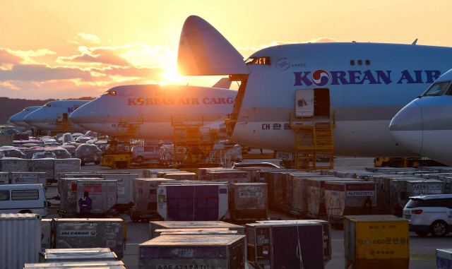 대한항공 화물기들이 인천공항 화물터미널에서 수출입 화물 선적과 하선을 위해 대기하고 있다./영종도=이호재기자