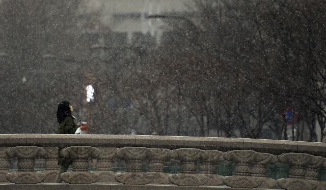 12일 오후 시민들이 눈 내리는 서울 종로구 청계천을 걷고 있다./오승현기자 2021.01.12