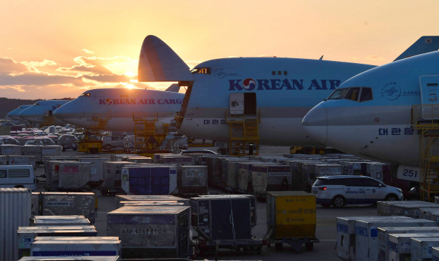 대한항공 화물기들이 인천공항 화물터미널에서 수출입 화물 선적과 하선을 위해 대기하고 있다./영종도=이호재기자.