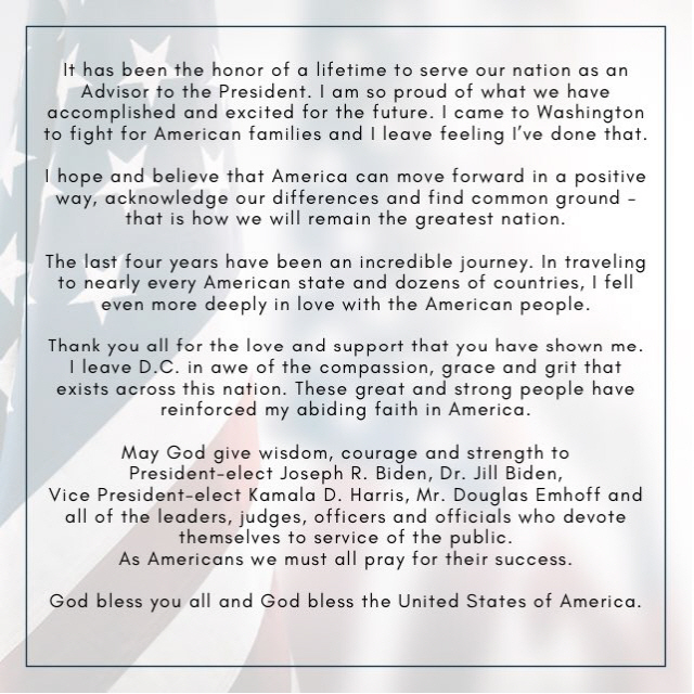 도널드 트럼프 대통령의 장녀 이방카가 19일(현지시간) 자신의 트위터에 올린 조 바이든 미국 대통령 당선인을 향한 축복의 메시지. /이방카 트위터 캡처