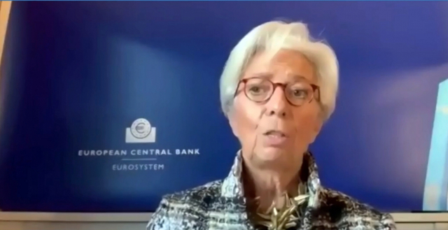 크리스틴 라가르드 유럽중앙은행(ECB) 총재가 25일(현지시간) 세계경제포럼(WEF)이 개최한 '다보스 어젠다'에 화상으로 참여해 연설하고 있다. /AP연합뉴스
