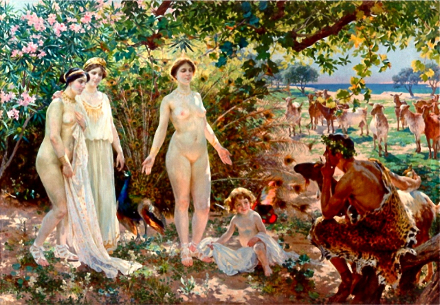 그리스로마신화에 나오는 '황금사과'를 묘사한 그림. 파리스(맨 오른쪽)가 여신 아테네(왼쪽)와 헤라(왼쪽 두번째), 아프로디테(왼쪽 세번째)에게 사과를 보여주고 있다. /위키피디아