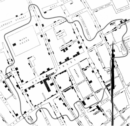 19세기 역학자 존 스노가 그린 영국 런던 소호 지역의 콜레라 지도. 미국 시카고시는 당시 폭력의 전염 흐름이 콜레라 확산과 비슷하다는 점을 발견하게 된다. /사진제공=세종서적