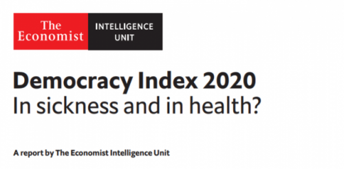 영국 이코노미스트 부설 경제분석기관 ‘이코노미스트 인텔리전스 유닛’이 발표한 ‘민주주의 지수 2020’ 보고서 표지./이코노미스트 캡처