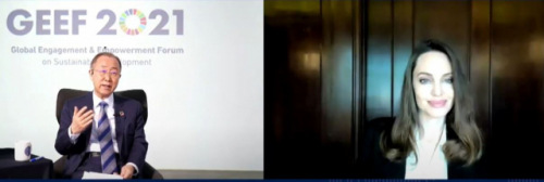 5일 연세대가 주최한 GEEF 특별 대담에서 반기문(왼쪽) 전 유엔 사무총장과 앤젤리나 졸리가 대담하고 있다. /GEEF 유튜브 캡처