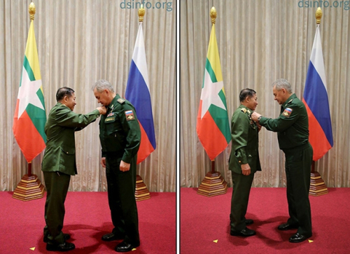지난달 세르게이 쇼이구 러시아 국방부 장관과 흘라잉 미얀마군 최고사령관이 명예훈장을 주고 받았다./이라와디 웹사이트 캡처