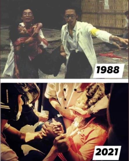 네티즌들은 1988년 민주화운동 당시 숨진 여성의 사진과 2021년 쓰러진 여성의 모습을 비교하는 게시물을 만들었다./트위터 @sophia73888944