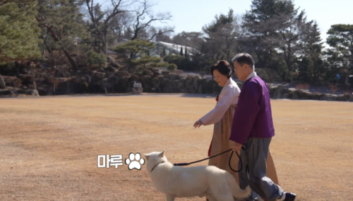 문재인 대통령과 김정숙 여사가 12일 반려견 ‘마루’와 함께 청와대 상춘재로 향하고 있다./사진제공=청와대