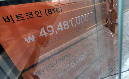 비트코인이 급등한 9일 서울 빗썸 강남고객센터에 비트코인이 5,000만원대에 육박한 가격대를 나타내고 있다./성형주기자
