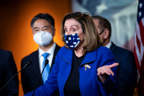 U.S. Speaker of the House Nancy Pelosi (D-CA) speaks during a news conference with House impeachment managers on the fifth day of the impeachment trial of former U.S. President Donald Trump, on charges of inciting the deadly attack on the U.S. Capitol, in Washington, U.S., February 13, 2021. REUTERS/Al Drago