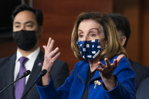 House Speaker Nancy Pelosi of Calif., with impeachment manager Rep. Joaquin Castro, D-Texas, left, speaks to members of the media during a news conference on Capitol Hill in Washington, after the U.S. Senate voted not guilty, to acquit former President Donald Trump of inciting riot at U.S. Capitol, ending impeachment trial, Saturday, Feb. 13, 2021. (AP Photo/Manuel Balce Ceneta)