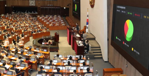 기업을 규제하는 내용이 담긴 상법 개정안이 지난해 12월 9일 국회 본회의에서 통과되고 있다. /서울경제DB