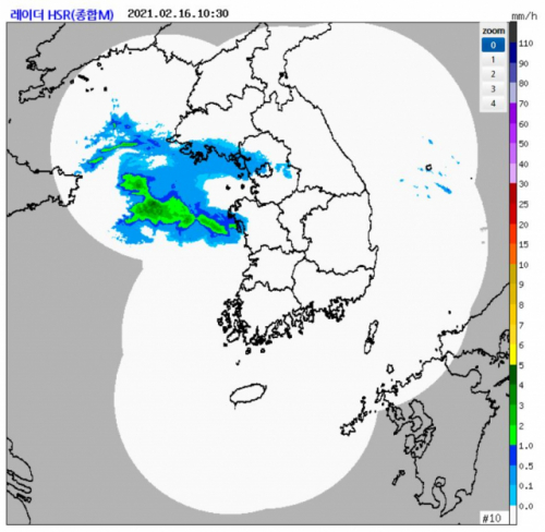 기상청이 발표한 16일 오전 10시 30분의 강수예측 레이더. /기상청 홈페이지 캡처