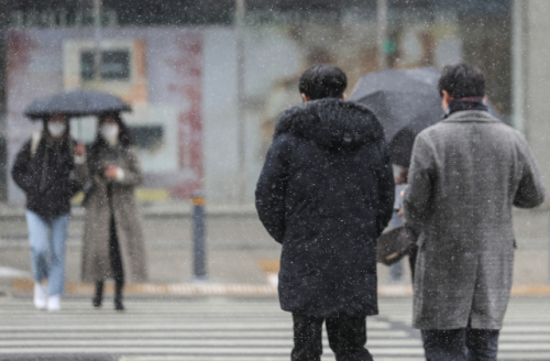 16일 오전 서울 강남구 신사동 일대에 눈이 내리고 있다./연합뉴스