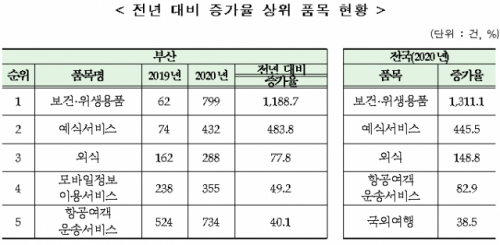 부산 소비자상담 증가율 상위 품목 현황./사진제공=부산시