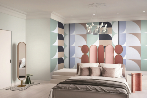 'LG지인 벽지 베스띠' 제품의 컬러블록 패턴이 적용된 침실 공간. /사진제공=LG하우시스