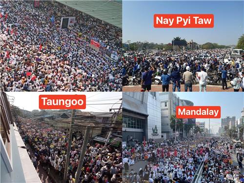 '22222 총파업'을 맞아 미얀마 각지에서 쿠데타 규탄 시위가 열리고 있다./트위터 캡처