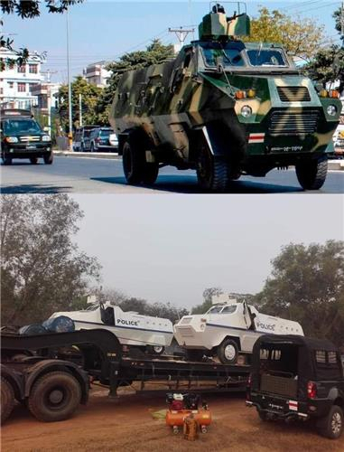 네티즌들은 군용 장갑차(사진 위)를 흰 페인트와 POLICE라는 글씨로 '위장'했다고 주장한다./트위터 캡처