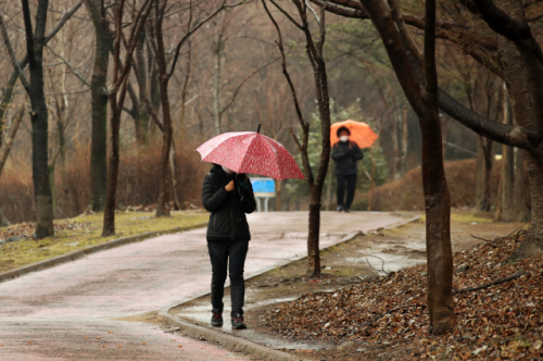지난 25일 광주 서구 5·18기념공원에서 시민들이 우산을 쓰고 산책하고 있다. /광주=연합뉴스