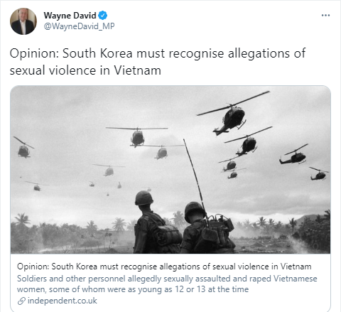 한국 정부가 베트남전에 참전한 자국 군인의 성폭력 의혹을 인정해야 한다고 주장한 웨인 데이비드 영국 노동당 의원의 트윗./웨인 데이비드 의원 트위터 캡처