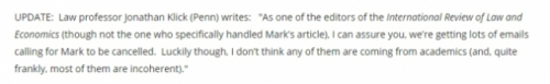 브라이언 라이터 시카고대 로스쿨 교수가 운영하는 블로그에 따르면 클릭 편집장은 '램지어 논문 철회를 요구하는 학자는 없다'고 발언했다./브라이언 라이터 교수 블로그 내용 캡처